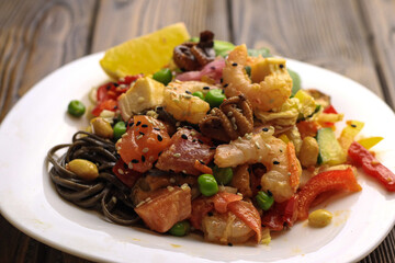 Tasty poke food with seafood and vegetables