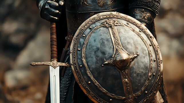 A man in armor holding a sword and shield. Fantasy Armory & Weapons. Illustration