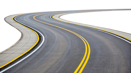 Twisty, Curved, Winding asphalt, 3D rendering of a highway road Isolated on White Background.