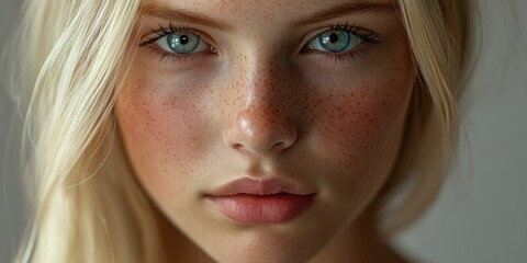 This image features a striking close-up of a woman with striking blue eyes, set against a neutral background. Her gaze is direct and intense, capturing the viewer's attention. The woman appears to be