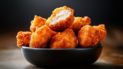 A tempting assortment of golden-brown chicken nuggets served in a sleek black bowl, highlighting their crunchy texture and appealing presentation for food lovers.