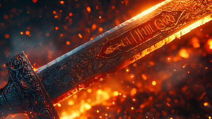 Close-up of a medieval sword with intricate details on the hilt and a glowing inscription, surrounded by glowing embers. Fantasy Armory & Weapons. Illustration
