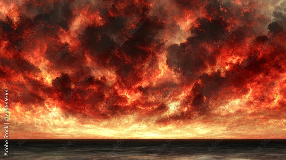 Wall mural Fiery sunset over a calm ocean. The intense red and orange hues create a dramatic and captivating scene.