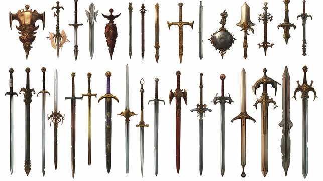 Collection of swords on white isolated background, medieval weaponry for historical or fantasy themes generative ai. Fantasy Armory & Weapons. Illustration