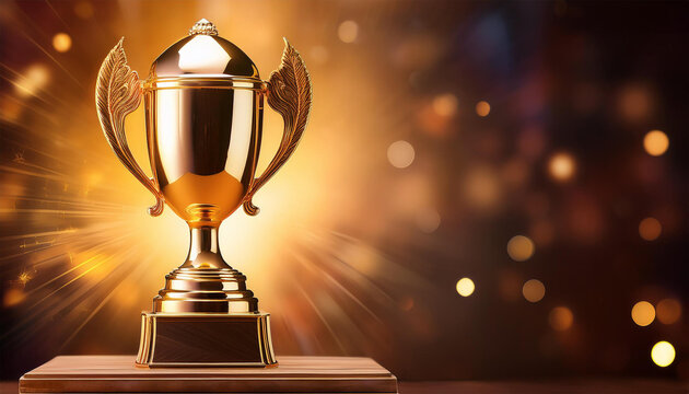 golden trophy on a pedestal with a bright background space for text