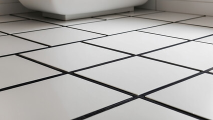 Clean white tiled floor with dark grout in modern bathroom setting featuring minimalistic design