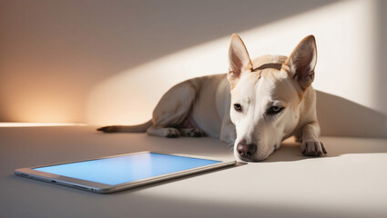 Obraz premium Dog relaxing beside tablet in a sunlit room during the afternoon