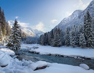 Fototapeta premium a snowy landscape featuring mountains a river and pine trees creating a serene winter scene