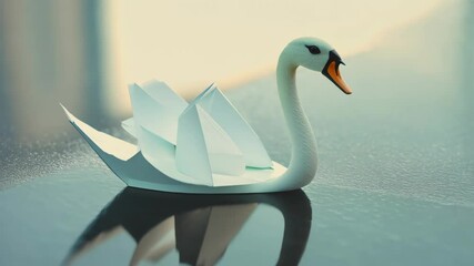 An origami swan made from paper on a reflective surface, mimicking swimming - Powered by Adobe