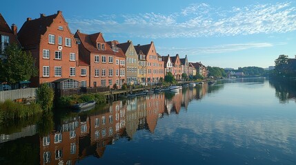 Fototapeta premium Scenic riverside view with historic buildings and reflections in the water.
