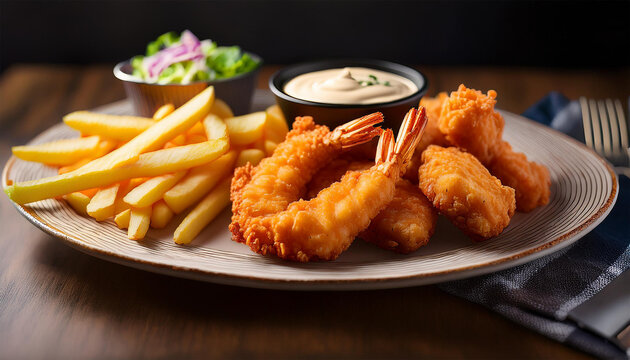 a delicious fried shrimp dinner featuring crispy fried shrimp paired perfectly with golden french fries fresh coleslaw and a flavorful sauce for a delightful meal experience