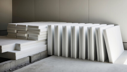 Stack of white foam materials arranged neatly in a modern industrial space during daytime