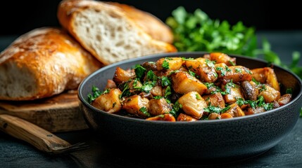 A bowl of perfectly roasted potatoes garnished with fresh herbs, accompanied by crusty bread, showcasing rustic charm and warm inviting colors reminiscent of home-cooked meals.