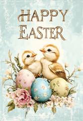 vintage easter illustration with baby chicks and floral decorated eggs on textured background