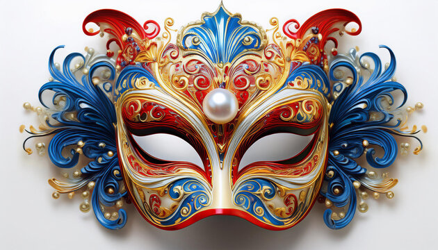 mascara del carnaval de venecia con tallas artisticas y perla central en colores azules rojos plata rojos y amarillos sobre fondo blanco