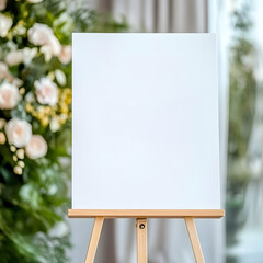 Close up of a white welcome sign on white, on easel, for wedding or party.