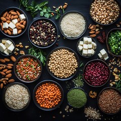 Dazzling arrangement of colorful vegan ingredients in bowls on a dark surface for a vibrant culinary display. Generative AI