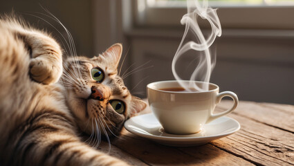 Cat lounging beside steaming cup of coffee on wooden table in cozy indoor setting