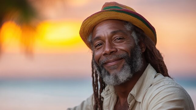 Capturing pure joy, this image features a man with dreadlocks, smiling widely as he enjoys the scenic view by the sea, creating a warm atmosphere filled with happiness.
