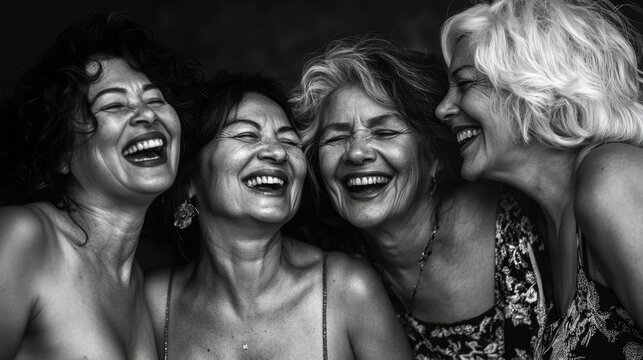 This black and white photograph captures the essence of camaraderie among a group of four women who are laughing together, their happiness evident in their expressions. Each woman is distinctively