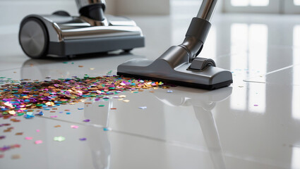 Vacuuming colorful confetti from a clean tiled floor in a bright indoor space after a celebration