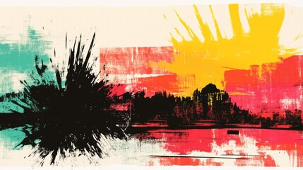 Vibrant abstract cityscape painting. Bold colors and brushstrokes create a dynamic and energetic mood.