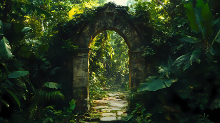 Jungle gateway: a mysterious and evocative image of a stone archway overgrown with lush foliage, hinting at a hidden world within the depths of the jungle. Hidden Worlds. Illustration