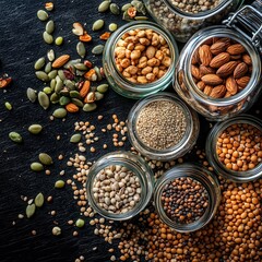 Fototapeta premium Artful arrangement of assorted nuts and seeds in glass jars on a dark table. Generative AI