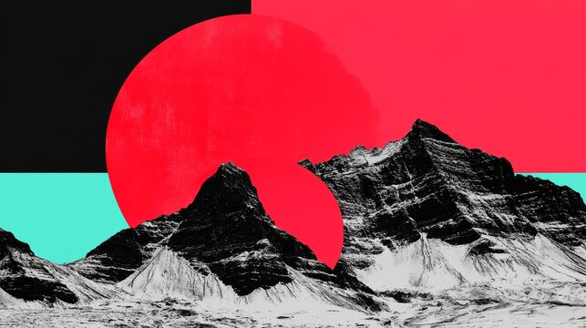 Abstract collage of mountains and a large red circle, set against a bold color backdrop.  A striking contrast of textures and shapes.