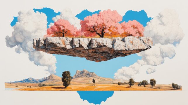 Surreal artwork depicting a floating rock with pink trees, set against a landscape of rolling hills under a vibrant blue sky. A captivating piece of digital art.