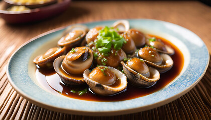 delicious abalone served in rich oyster sauce highlighting the exquisite flavor of abalone indulge in a delightful abalone dish featuring abalone and savory soy sauce for a memorable meal