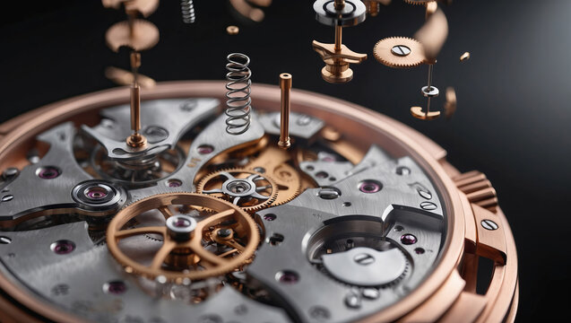 Close-up view of a mechanical watch disassembled showing intricate gears and components in detail with a focus on craftsmanship - Powered by Adobe
