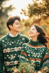 Fototapeta premium Young Asian couple in matching green sweaters look lovingly at each other in a sun-drenched park.