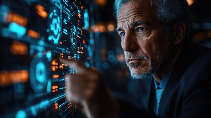 A focused individual interacts with a high-tech interface displaying data and analytics.