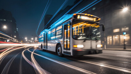 Fast-moving bus navigating city streets at night with vivid light trails and urban backdrop