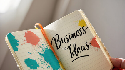 Creative notebook with colorful splashes showcasing business ideas in a bright indoor space