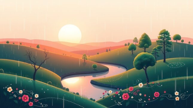 serene landscape with a glowing sunset over rolling hills and a peaceful path