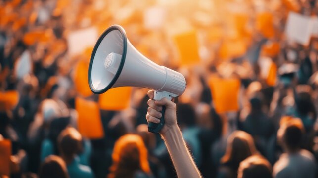 A hand holds a megaphone high above a crowd of people.  A protest or rally?