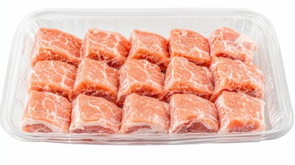 Freshly cut pork bacon strips in a transparent package, emphasizing their marbling and quality on a clean white surface.