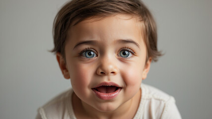 Joyful child with striking blue eyes smiles brightly in a neutral setting during daytime