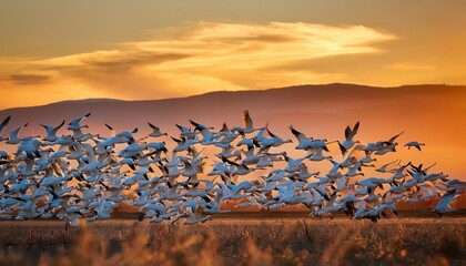 Aweinspiring Moment Mass Migration of Snow Geese Soaring Above the Desert Landscape at Dawn, New Mexicos Majestic Sunrise Illuminating the Spectacle.