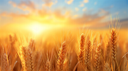 The sun is slowly setting over a vast field of golden wheat, casting a warm glow across the landscape as day transitions into night