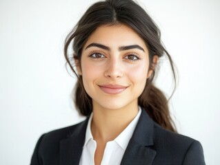 High-resolution portrait of a woman in business attire, with a warm smile and confident posture against a neutral background.