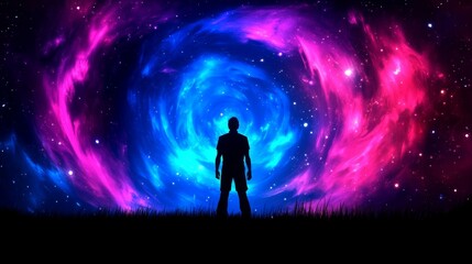 Silhouette of a man standing before a vibrant cosmic swirl of pink and blue nebulae under a starry night sky.
