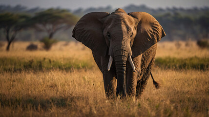 Fototapeta premium Majestic Elephant in African Savannah at Sunset