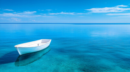 Naklejka premium Serene white boat floats on calm turquoise sea under a vibrant blue sky