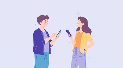 Young man and woman exchanging messages on their smartphones, modern digital communication illustration
