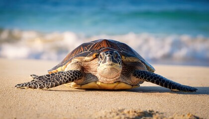 Serene Moment A Turtle Basking on the Shoreline amidst the Warm Hues and Textured Sand Grains of a Quiet Beach, Captured in Stunning Wildlife Photography