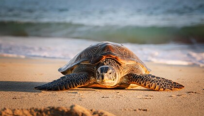 Striking CloseUp of a Turtle on a Secluded Beach, Majestic Wildlife Photography Capturing the Serene Atmosphere of a SandSwept Coastal Haven at Dawn.