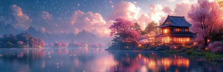 Fototapeta premium A serene lakeside scene featuring a traditional house surrounded by cherry blossoms and mountains.